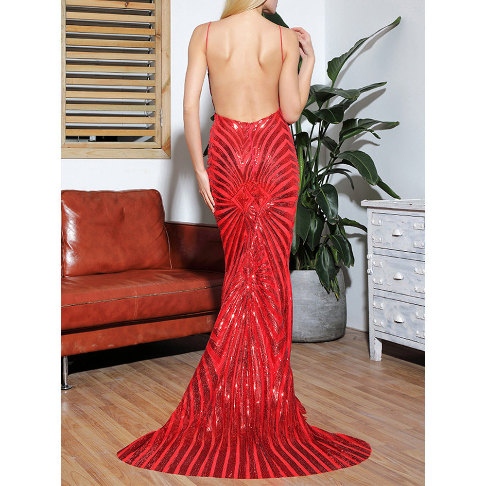 Whebbo Red Deep V-neck Sequined Gown With Sleeveless  Back Straps