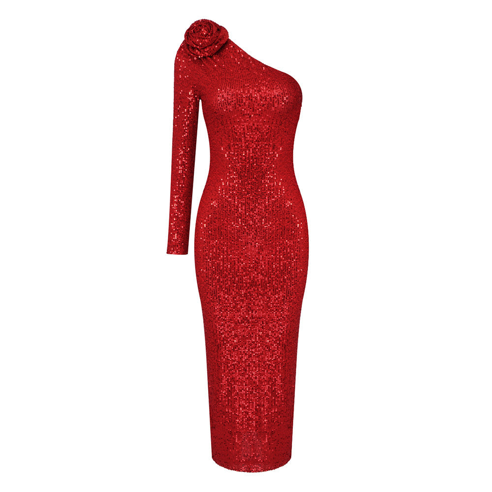 Elegant High-end Dress Rose Red Sequined Evening Dress Female New Year Battle Gown Host